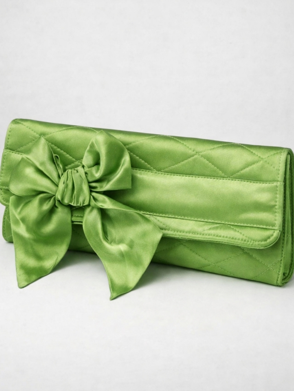 Vintage Avocado Green Quilted Satin Clutch with Bow | Satin Evening Bag | Girly
